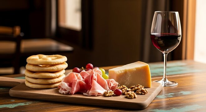 A rustic wooden serving board displays an array of food pairings with a glass of red wine