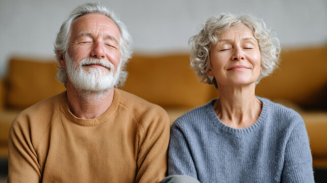 Elderly couple and cat practicing relaxation techniques on couch