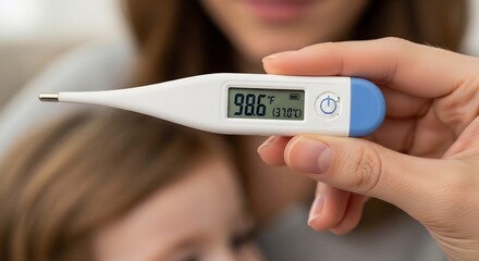 Parent holds a digital thermometer displaying a normal body temperature of 98.6 degrees Fahrenheit, checking a child's health for signs of illness or fever