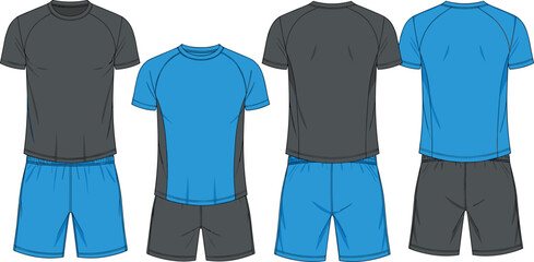 Athletic outfit variations, sportswear design, t-shirt and shorts, front and back view, color combo, crew neck, elastic waistband, team apparel