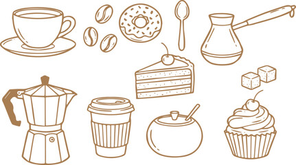 Whimsical breakfast doodles. Vintage hand drawn icons with la dole vita aesthetic in simple crayon and sketch style. Trendy art for menus and dinner brunch invitations. Outline vector illustration st