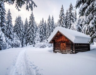 Snowy Wooden Cabin in Winter Forest