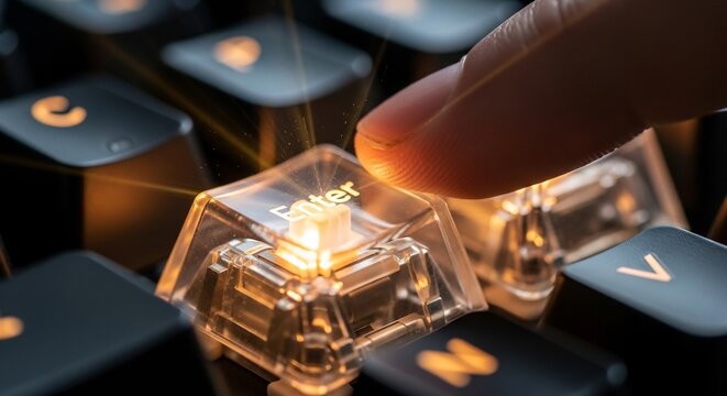 Precision at your fingertips as a user whisks a command onto a glowing, high-performance mechanical keyboard key with a tactile switch
