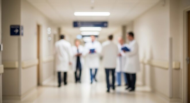 A team of medical professionals in white coats walk and consult in a brightly lit, blurred hospital corridor