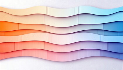 Abstract background with multiple wavy layers of color, transitioning from warm orange and pink hues to cool blue and white tones, creating a sense of depth and