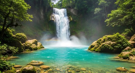 Majestic Waterfall Cascading into a Turquoise Pool in a Lush Tropical Forest.