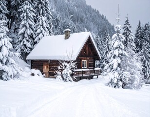 Snowy Wooden Cabin in Winter Mountain Landscape