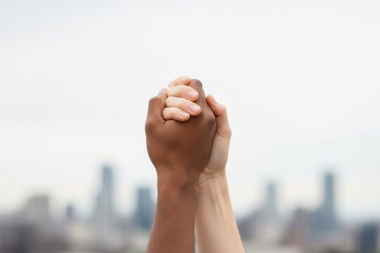 Two hands of different skin tones joined firmly together against a city background, symbolizing unity, diversity, equality, and mutual support.