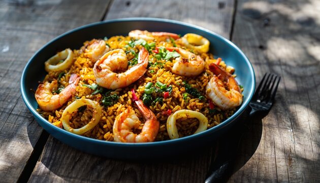 Delicious seafood paella with shrimp and squid rings.