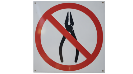 Restricted tools warning sign in bold red prohibition circle for safety compliance and hazard prevention, promoting a secure work environment now