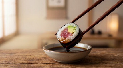 Tuna Avocado Sushi Roll Dipped in Soy Sauce with Chopsticks
