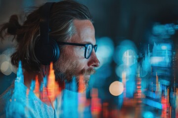 Professional with Headset Analyzes Digital Business Data