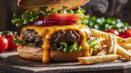 Hot cheeseburger with melted cheddar, fresh lettuce, tomato, and red onion, served with crispy french fries on a rustic wooden board, with steam animated 4k video