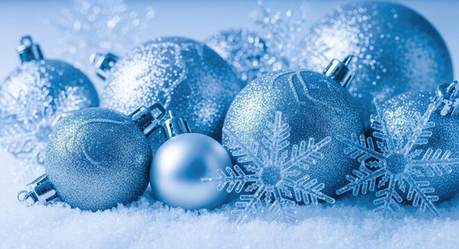 Blue Christmas Ornaments and Snowflakes on Snow silver - Powered by Adobe