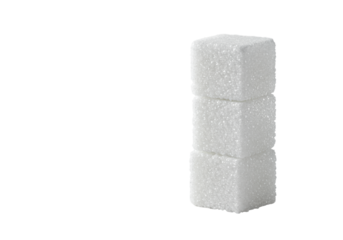 Three white sugar cubes, perfectly cuboid and crystalline, stacked vertically in a pristine, high-key studio with transparent copy space. Concept of sweetness and purity