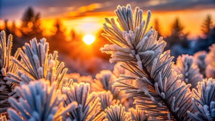 Frosty pine needles at golden sunset