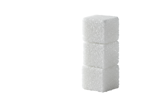 Three white sugar cubes, perfectly cuboid and crystalline, stacked vertically in a pristine, high-key studio with transparent copy space. Concept of sweetness and purity