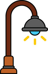 A stylized flat design illustration of a classic street lamp with a curved brown pole a grey lamp shade and a glowing blue bulb emitting yellow light rays on a white background