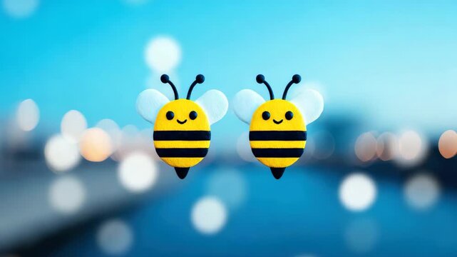 Emotional bee icon animation floating over city lights for communication and feedback themes