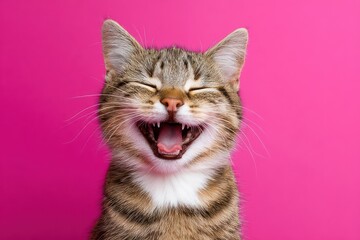 Obraz premium Close-up of Cat's Big Smile and Teeth on Bright Backdrop