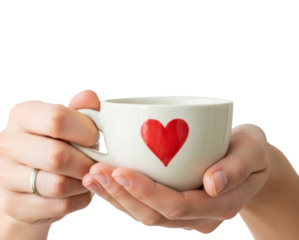 Holding a heart-shaped coffee cup home lifestyle warm atmosphere isolated on transparent background