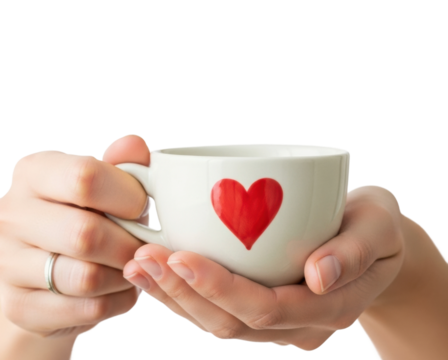 Holding a heart-shaped coffee cup home lifestyle warm atmosphere isolated on transparent background