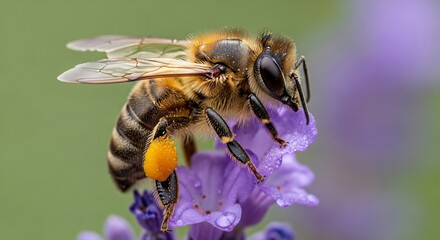 Close-up macro shot of a diligent honey bee collecting vibrant yellow pollen from a delicate purple lavender flower in a lush garden, showcasing nature's intricate pollination process