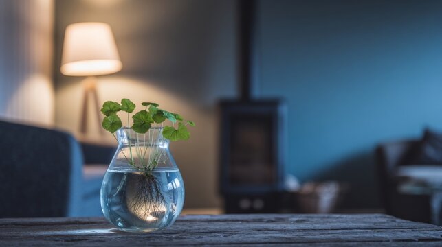 carboy. Clear glass carboy with floating green plant and visible roots on rustic wooden surface. gardening catalogs, home-decor guides, designed for home decor and floral branding.
