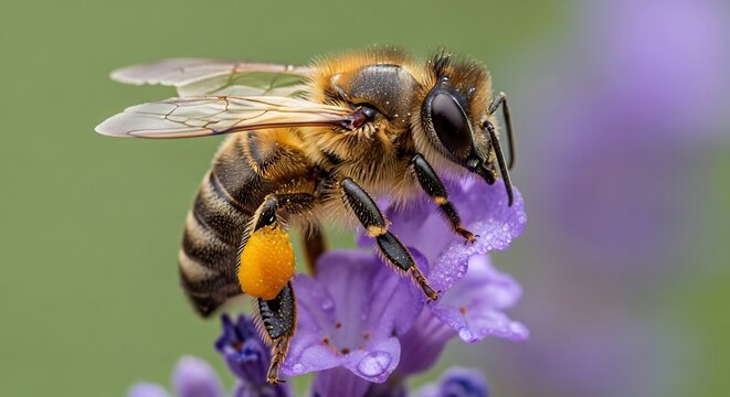 Close-up macro shot of a diligent honey bee collecting vibrant yellow pollen from a delicate purple lavender flower in a lush garden, showcasing nature's intricate pollination process - Powered by Adobe