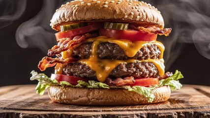 A mouthwatering, steaming double bacon cheeseburger with melted cheddar, fresh lettuce, ripe tomatoes, and crisp pickles on a toasted sesame bun, served on a rustic wooden board animated 4k video
