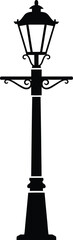 Classic black silhouette of an ornate vintage street lamp post with a decorative top and base isolated on a clean white background symbolizing old world charm and illumination