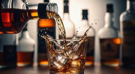 A dynamic close-up of a rich amber liquor being poured from a bottle into a glass with ice cubes, creating a dramatic and elegant splash frozen in a moment of action
