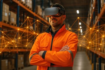 Warehouse Supervisor in AR: A warehouse supervisor, immersed in virtual reality, stands confidently amidst the industrial backdrop.