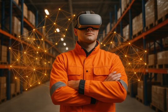 Virtual Reality in Warehouse: A worker wearing VR glasses, standing confidently amidst rows of stocked shelves, represents the future of smart warehousing and technological advancement. 