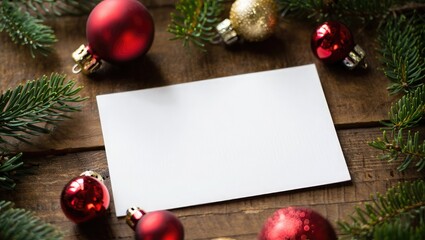 Christmas card with red baubles and pine branches on wood