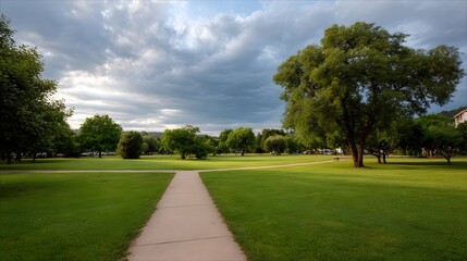 A sunlit park pathway winds through lush grass under dramatic stormy clouds