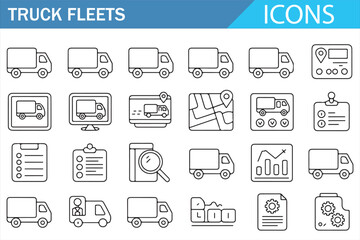 Professional fleet operations icon set with delivery vehicles and tracking elements