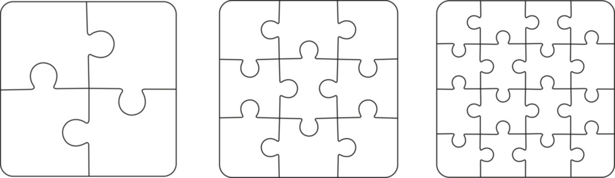 Set of Square Jigsaw Puzzle Templates with 4, 9, and 16 Pieces for Solution, Problem Solving, and Teamwork