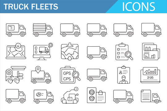 Line-art icon bundle for supply chain, trucking, dispatching, and logistics apps
