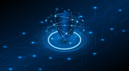 Abstract technology circuit board background with shield symbols concept of data protection and cyber privacy. modern security technology innovation concept background	