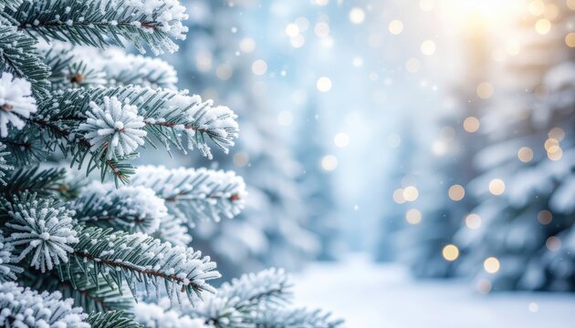 Winter wonderland scene snow-covered pine trees tranquil forest nature photography bright bokeh lights peaceful atmosphere captivating winter landscape