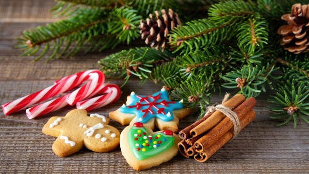 Christmas cookies candy canes pine branches and cinnamon sticks