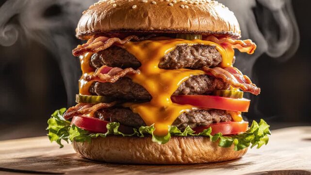 A mouthwatering triple bacon cheeseburger with melted cheddar cheese, crisp lettuce, fresh tomatoes, and pickles, steaming hot on a wooden board animated 4k video