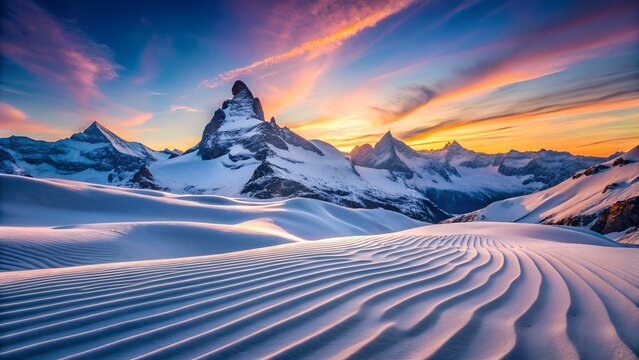 Sunset over snowy mountains and dunes