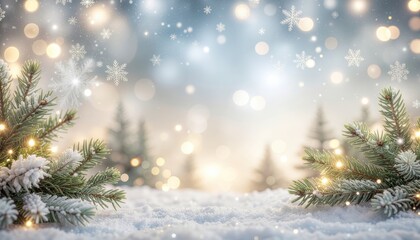 Sparkling winter wonderland snow-covered pine trees and soft snowflakes in a dreamy forest setting magical atmosphere serene viewpoint for holiday inspiration
