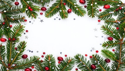 Christmas fir branches with red berries and silver confetti