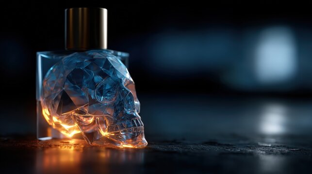 An artistic skull perfume bottle glimmers with an orange glow in a dark setting, showcasing a unique design that combines luxury with a morbid twist, captivating the viewer's imagination.