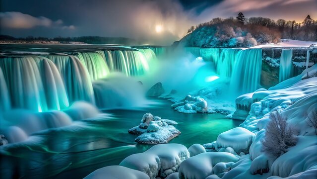 Niagara falls winter glow at night