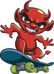 Cartoon style red devil riding on a Skateboard 