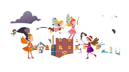 Fototapeta premium Cartoon Christmas fairies spreading sparkling magic dust across snowy rooftops to light up holiday lanterns